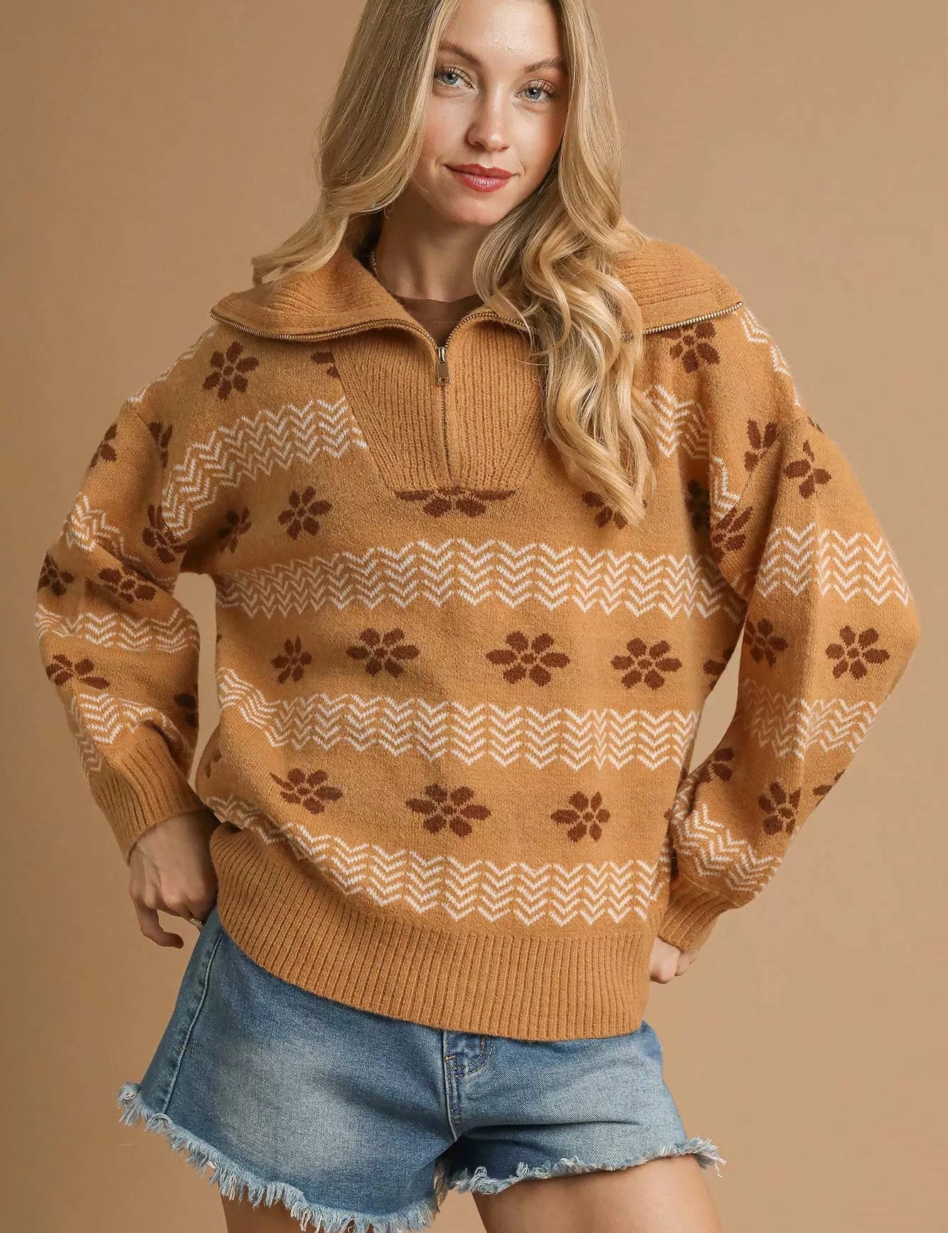 TAUPE Umgee Floral Patterned Jacquard Quarter-Zip Pullover Sweater Taupe | Sweaters Daverri Fashions