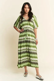 Sage Multi Davi & Dani Multi Color Wavy Tie Waist Flowy Sleeve Dress | Daverri Fashions