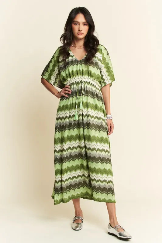 Sage Multi Davi & Dani Multi Color Wavy Tie Waist Flowy Sleeve Dress | Daverri Fashions