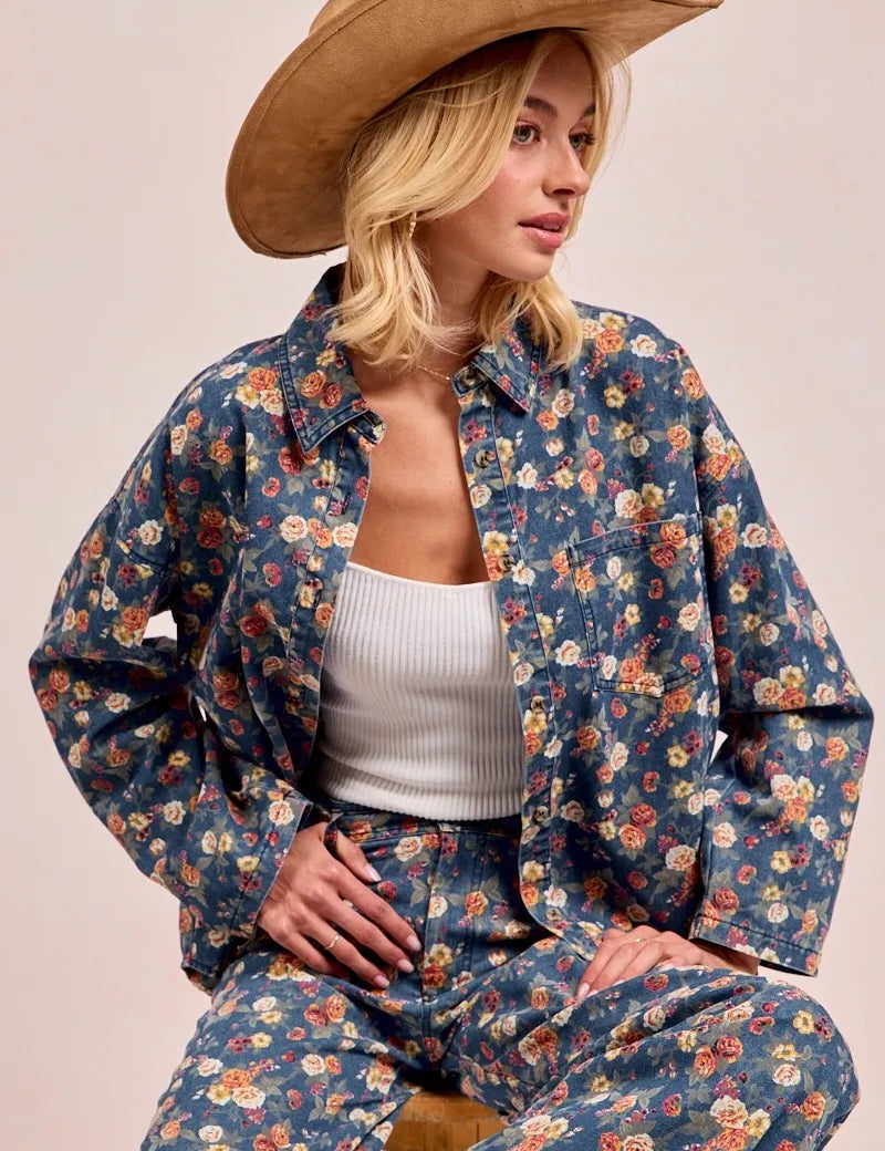 DENIM M BiBi Washed Floral Print Denim Jacket | Shackets Daverri Fashions