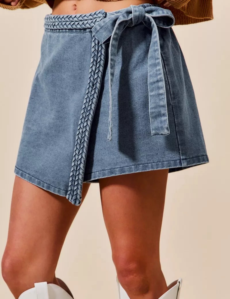BLUE S SO ME Wrap Braided Trimmed Denim Skort | Skorts Daverri Fashions