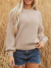 Khaki Texture Knitted Dropped Shoulder Sweater | Sweaters Daverri Fashions