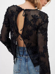 Openwork Tied Back Long Sleeve Blouse | Blouses Daverri Fashions