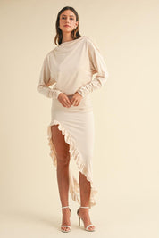 Cream Mable Backless Asymmetric Ruffle Hem Dress | Daverri Fashions