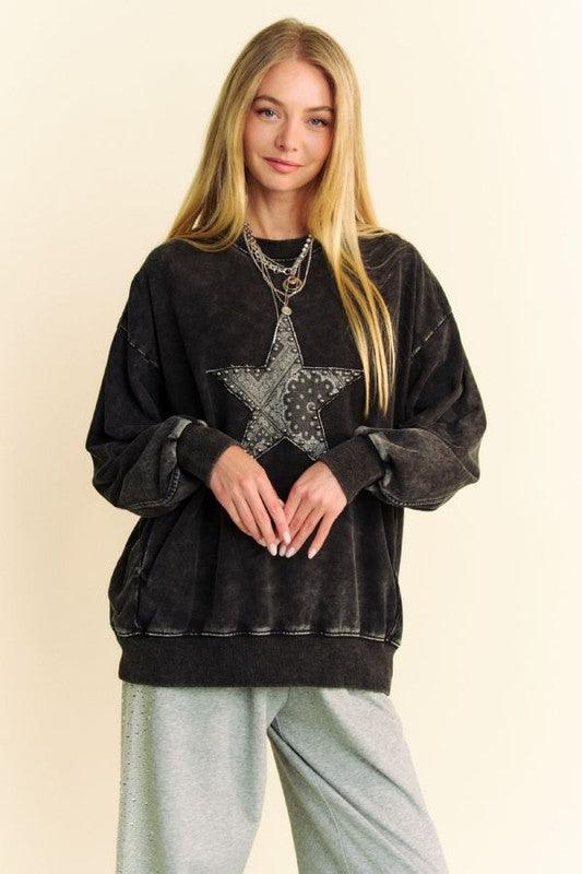 Davi & Dani Stud Star Patch Black Acid Washed Sweatshirt | Sweatshirts Daverri Fashions