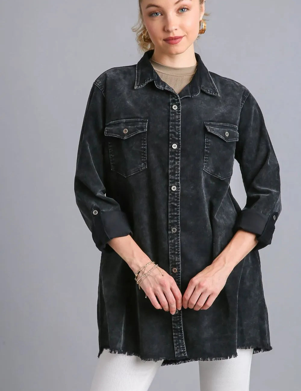 Black Umgee Raw Hem Button Down Denim Jacket with Chest Pockets | Daverri Fashions