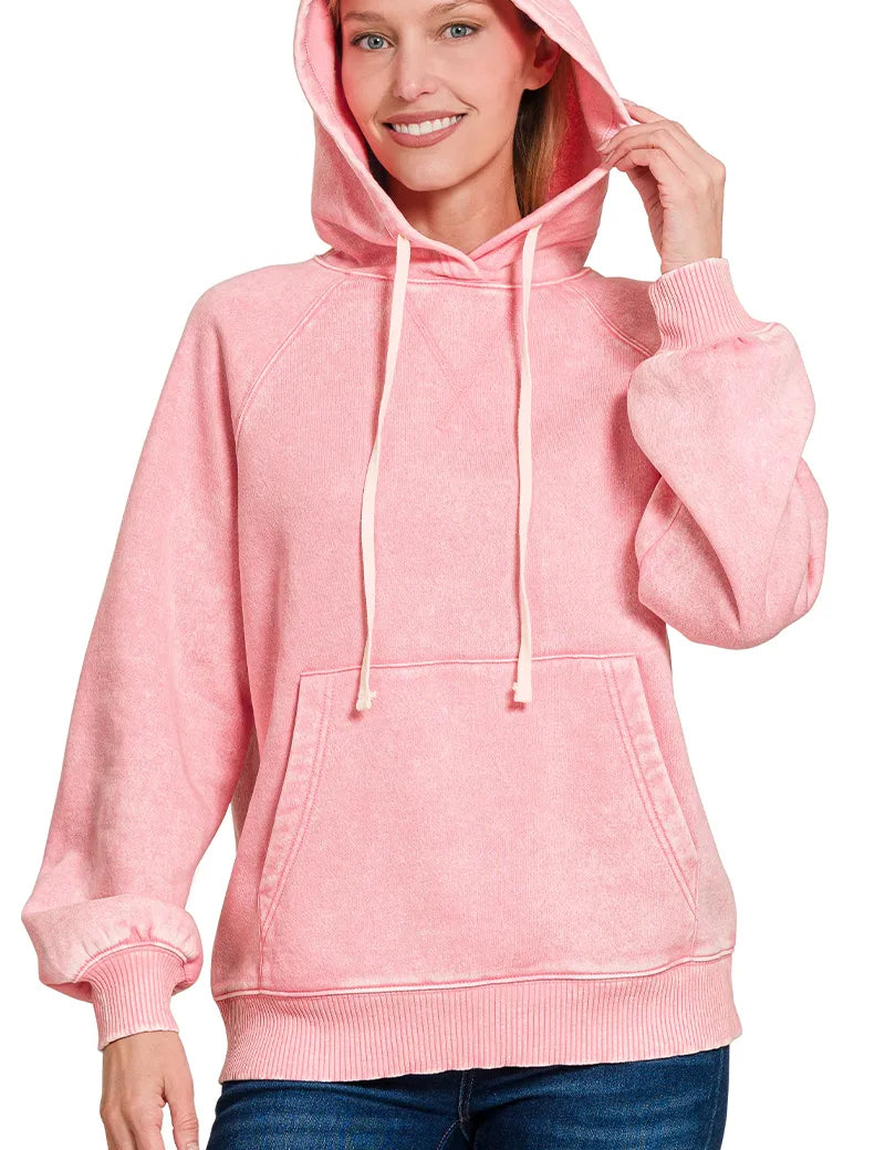 Zenana Acid Wash Fleece Hoodie with Kangaroo Pocket Dk Pink | Hoodies Daverri Fashions