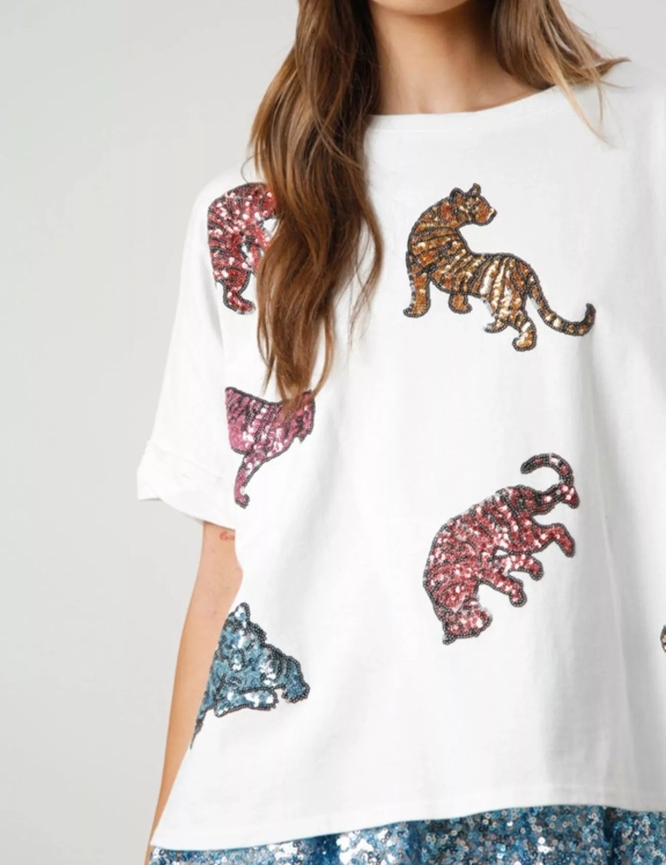 Sequin Tiger Round Neck T-Shirt | T-Shirts Daverri Fashions