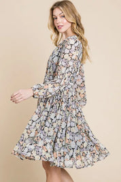 Lime 'N' Chili Chiffon Floral Print Belted Dress with Back Zipper | Daverri Fashions