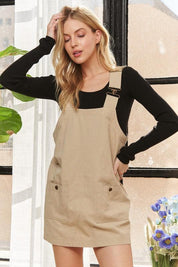 Tan S ADORA Adjustable Wide Strap Square Neck Overall Dress | Daverri Fashions