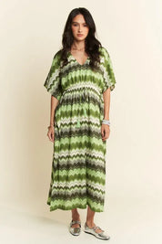 Davi & Dani Multi Color Wavy Tie Waist Flowy Sleeve Dress | Daverri Fashions