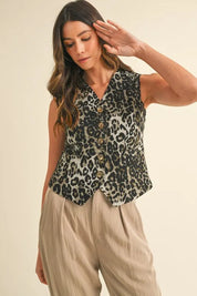 Annie Wear Stretch Leopard Denim Button Down Vest | Daverri Fashions