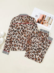 Leopard and Striped Trim Shirt and Pants Set | Loungewear Sets Daverri Fashions