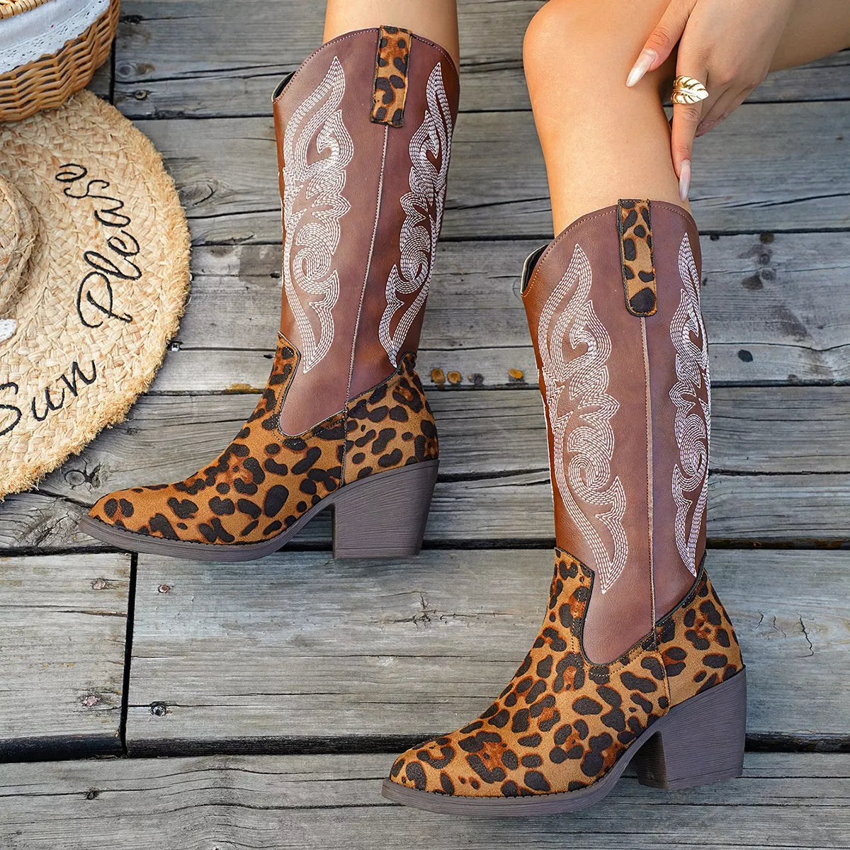Western Embroidered Mid-Calf Boots | Boots Daverri Fashions
