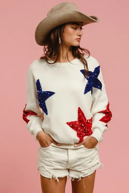 BiBi Velvet Sequin Star Patches Sweater Top | Sweaters Daverri Fashions