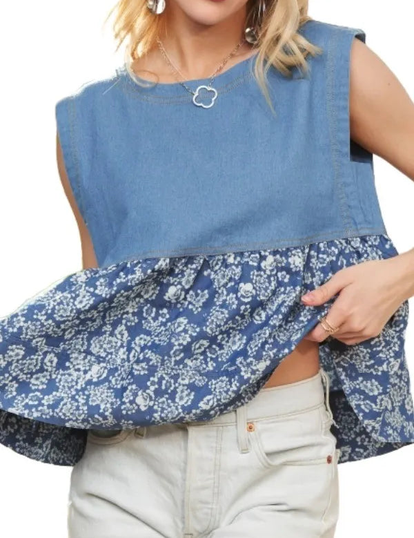 ADORA Sleeveless Denim Contrast Top | Daverri Fashions