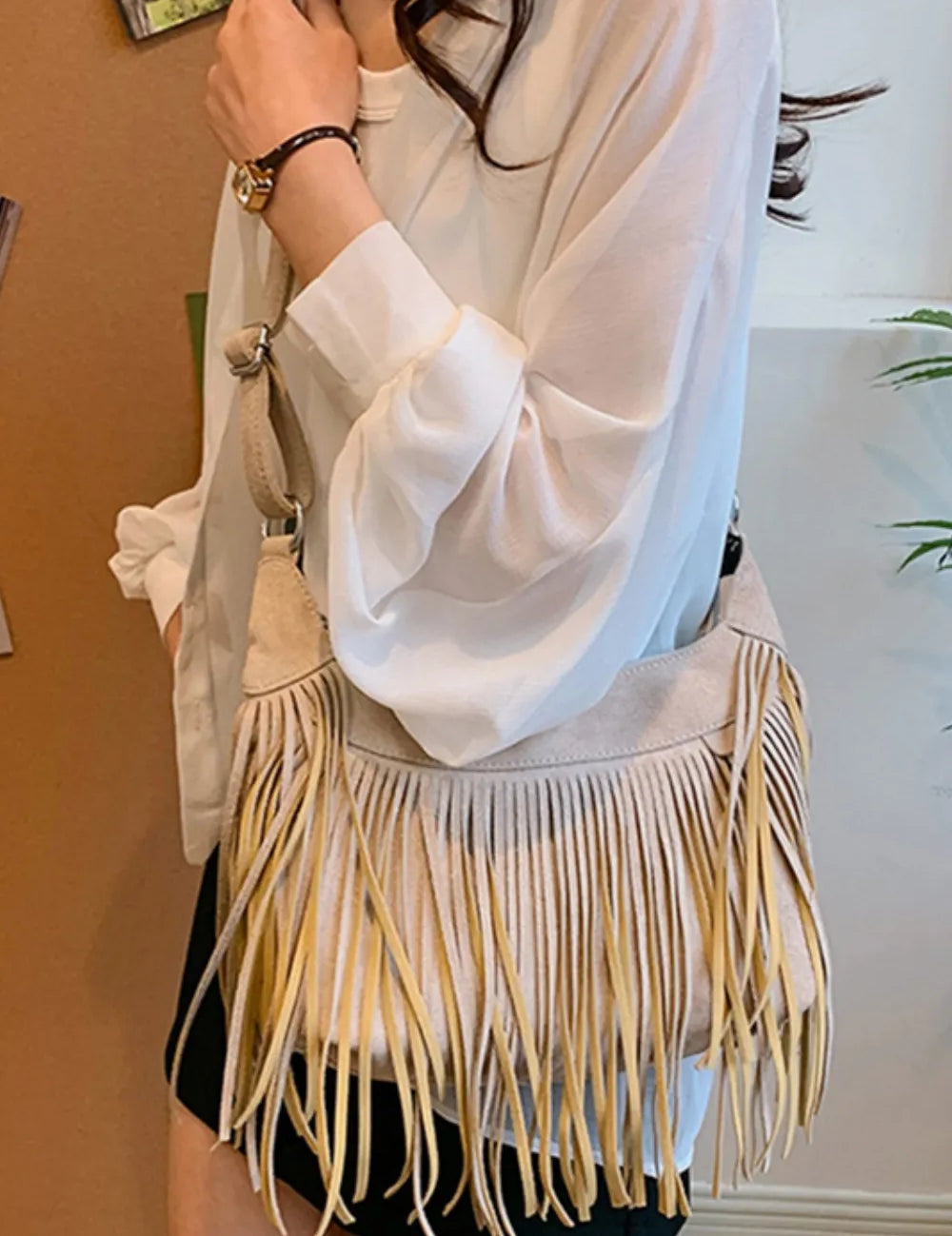 Suede Fringe Adjustable Strap Shoulder Bag | Handbags Daverri Fashions
