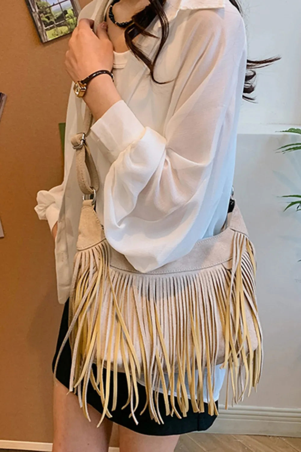 Suede Fringe Adjustable Strap Shoulder Bag | Handbags Daverri Fashions