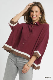 MERLOT L Umgee Colorblock Button-Down Shirt with Scallop Hem | Tops Daverri Fashions