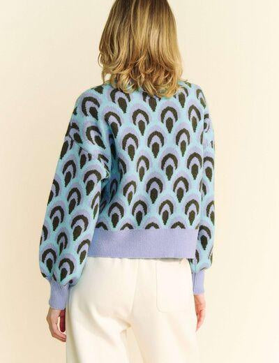 Davi & Dani Scale Jacquard Round Neck Drop Shoulder Sweater | Sweaters Daverri Fashions