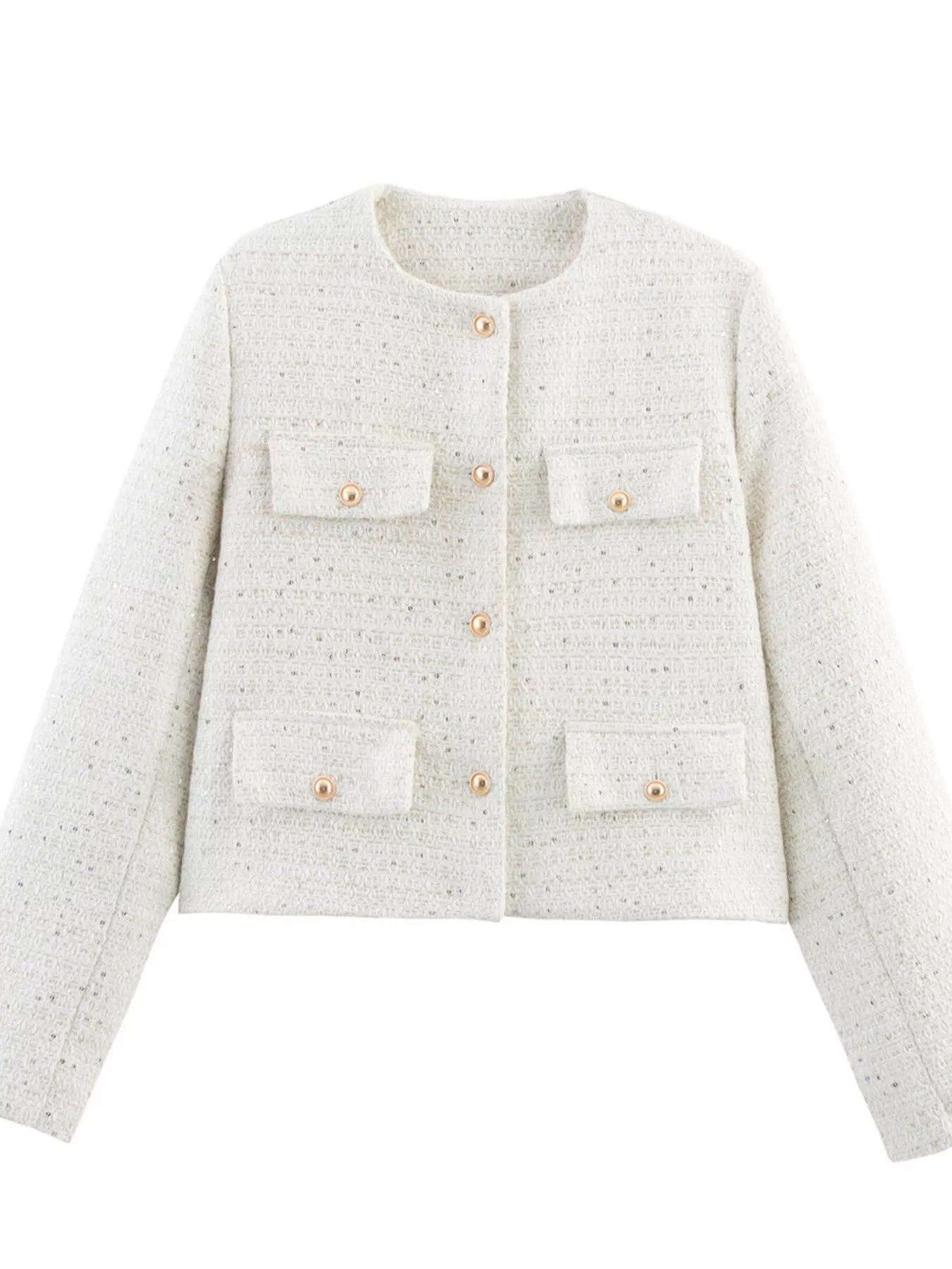 White 1 Tweed Button Up Cropped Jacket | Jackets Daverri Fashions