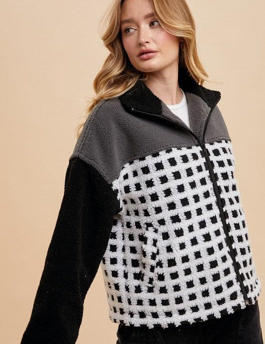 Annie Wear Plaid Zip Up Drop Shoulder Sherpa Jacket | Jackets Daverri Fashions