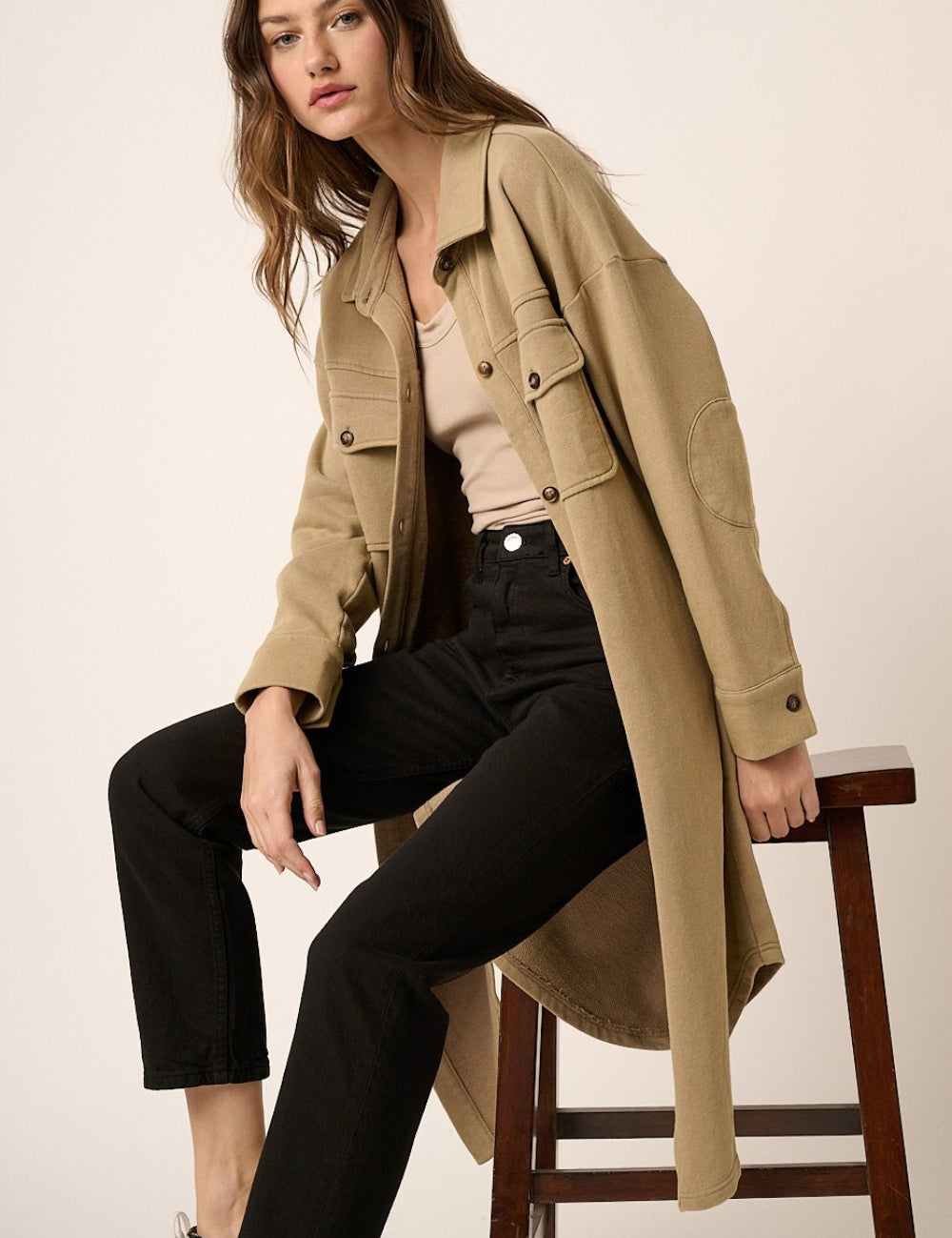 Taupe Mittoshop Acid Wash French Terry Longline Shacket | Shackets Daverri Fashions