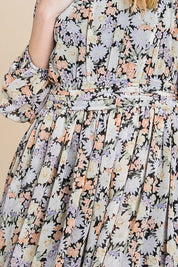 Lime 'N' Chili Chiffon Floral Print Belted Dress with Back Zipper | Daverri Fashions