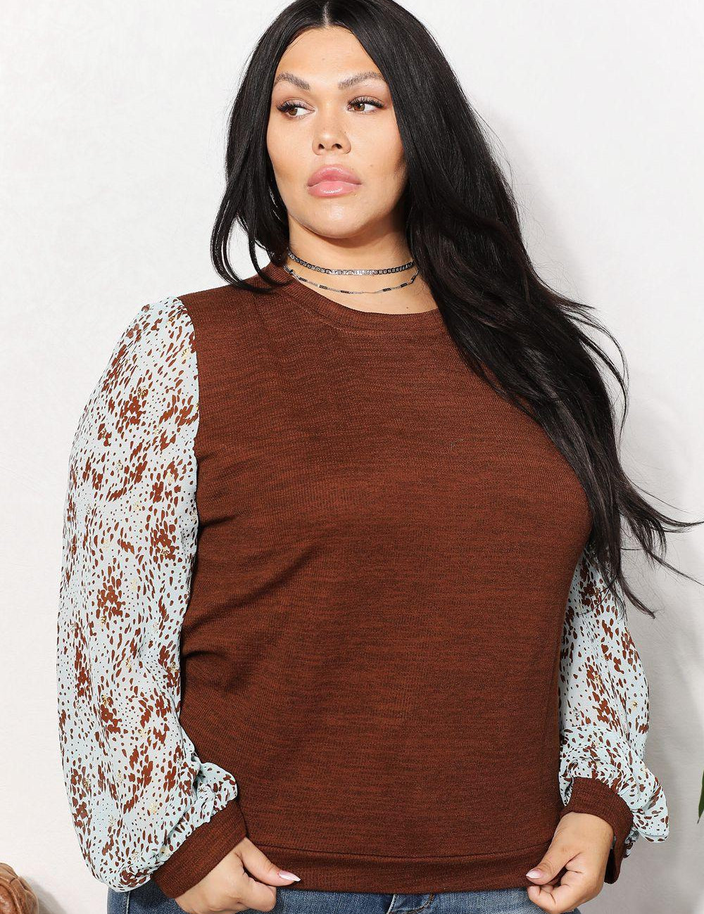 Brown And The Why Full Size Foil Printed Sleeve Top | Tops Daverri Fashions