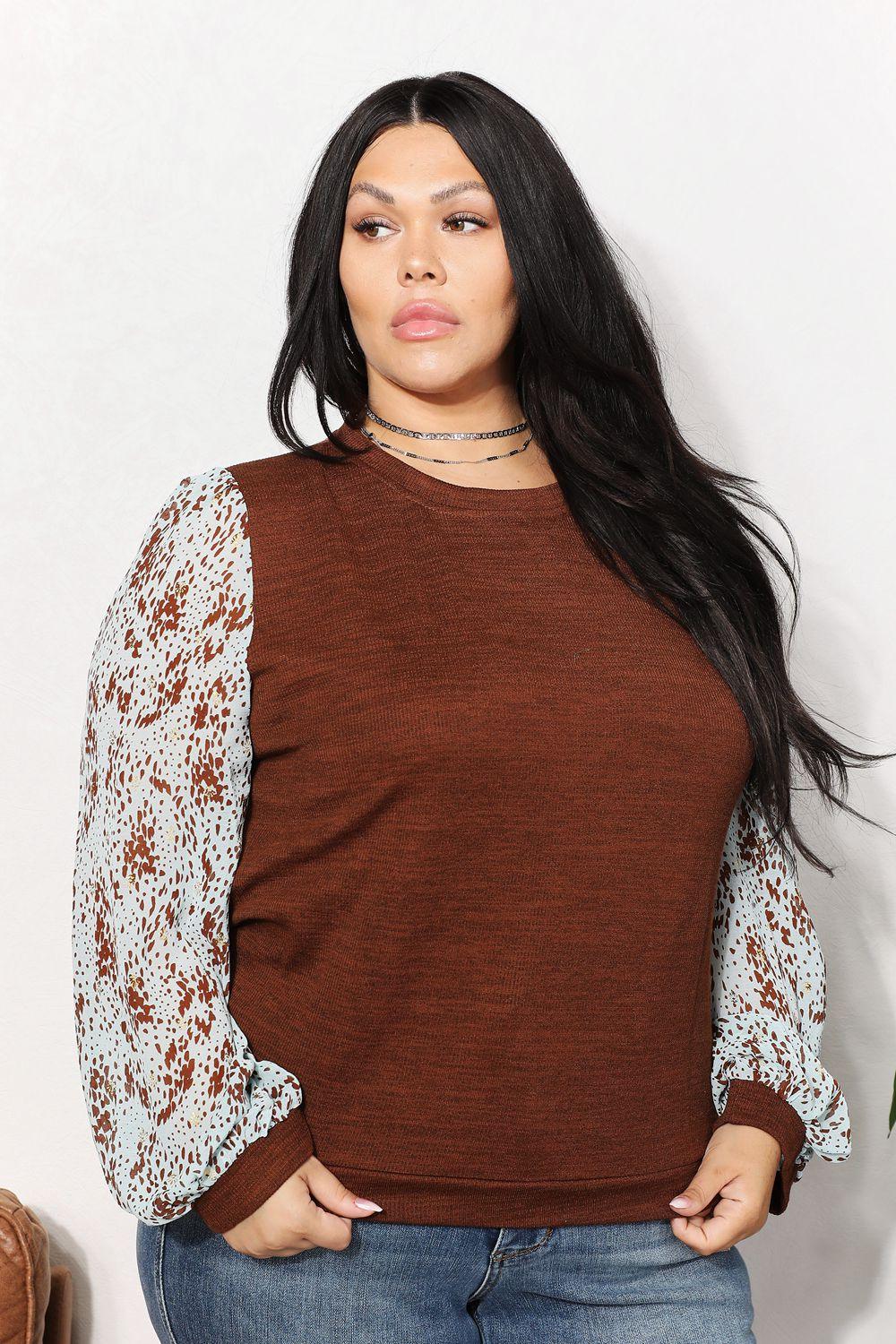 Brown And The Why Full Size Foil Printed Sleeve Top | Tops Daverri Fashions