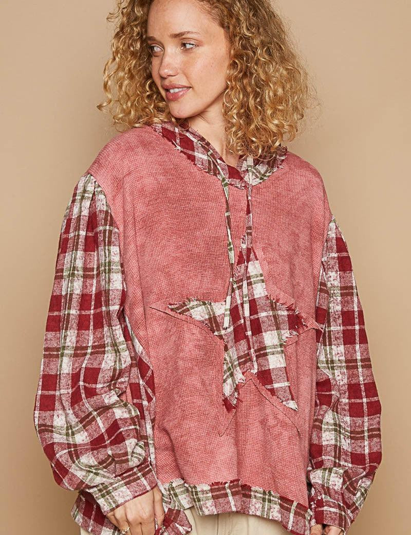 Redbean Multi L POL Star Patch Plaid Long Sleeve Hooded Top | Tops Daverri Fashions