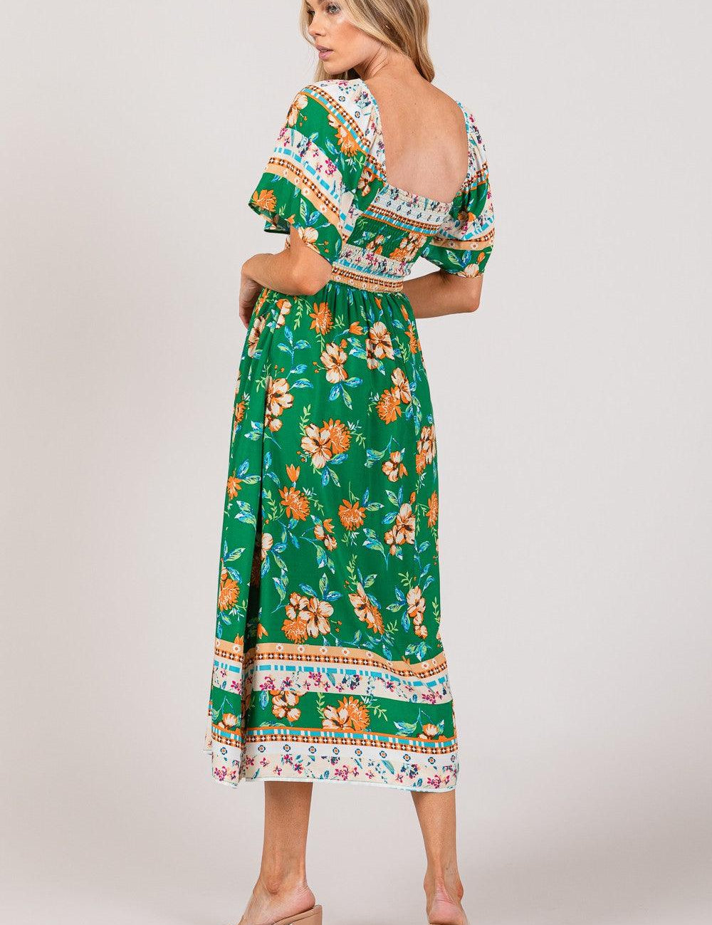 SAGE + FIG Printed Smocked Short Sleeve Midi Dress | Mid Dresses Daverri Fashions