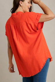 Umgee Full Size Linen Blend Button Down Short Folded Sleeve Shirt Plus Size | Shirts Daverri Fashions