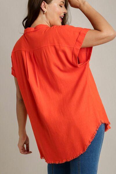 Umgee Full Size Linen Blend Button Down Short Folded Sleeve Shirt Plus Size | Shirts Daverri Fashions