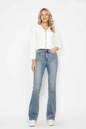 Judy Blue Full Size Tummy Control Back Embroidered Pocketed Bootcut Jeans Plus Size | Daverri Fashions