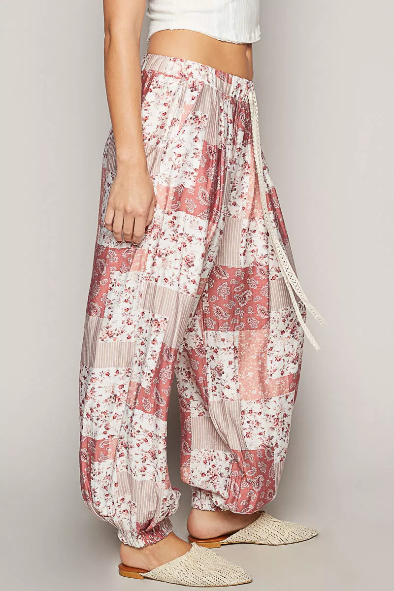 POL Drawstring Floral Patchwork Wide leg Pants | Pants Daverri Fashions