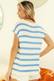 BiBi Striped Round Neck Short Sleeve Knit Top | Tops Daverri Fashions