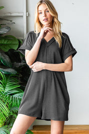 Charcoal Heimish Full Size Short Sleeve Ribbed Romper with Pockets | Daverri Fashions