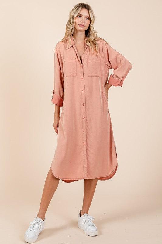 Burnt Coral Mittoshop Button Down Long Sleeve Shirt Dress | Daverri Fashions