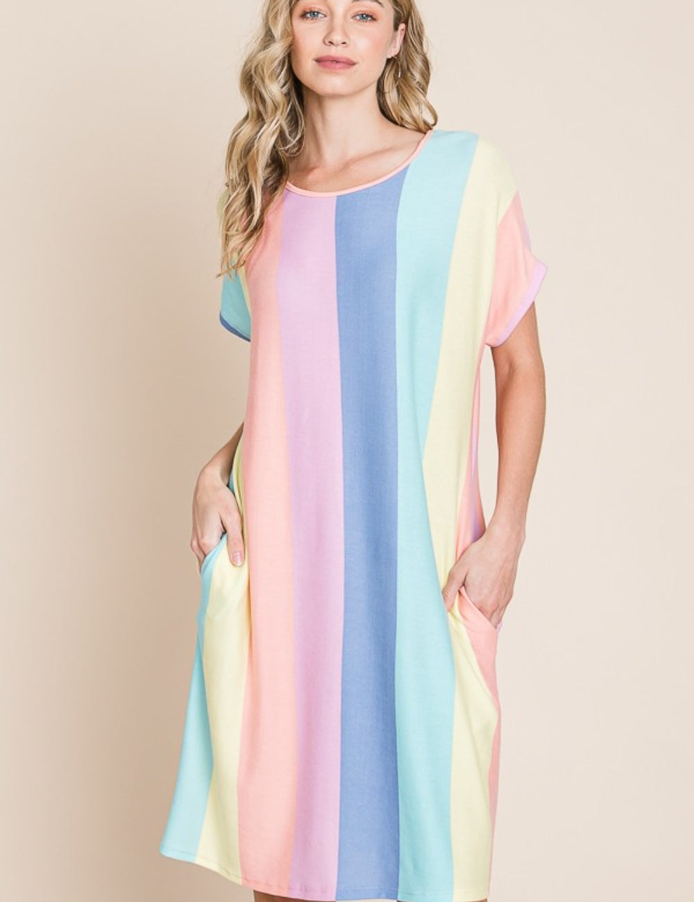 Stripe BOMBOM Striped Short Sleeve Dress with Pockets | Daverri Fashions