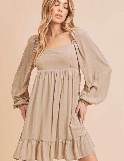 Dust Storm Aemi + Co Ruffled Hem Square Neck Balloon Sleeve Mini Dress | Mini Dresses Daverri Fashions