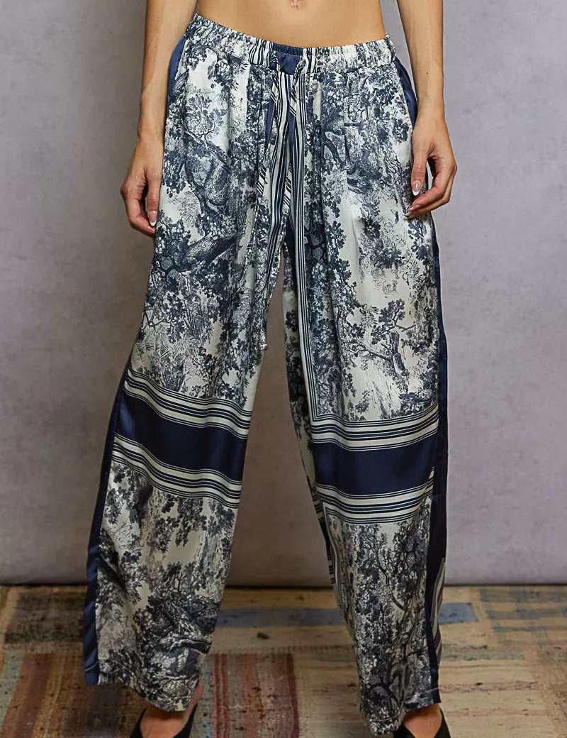 IVORY NAVY FLORAL POL Floral Printed Woven Wide Leg Drawstring Pants | Pants Daverri Fashions