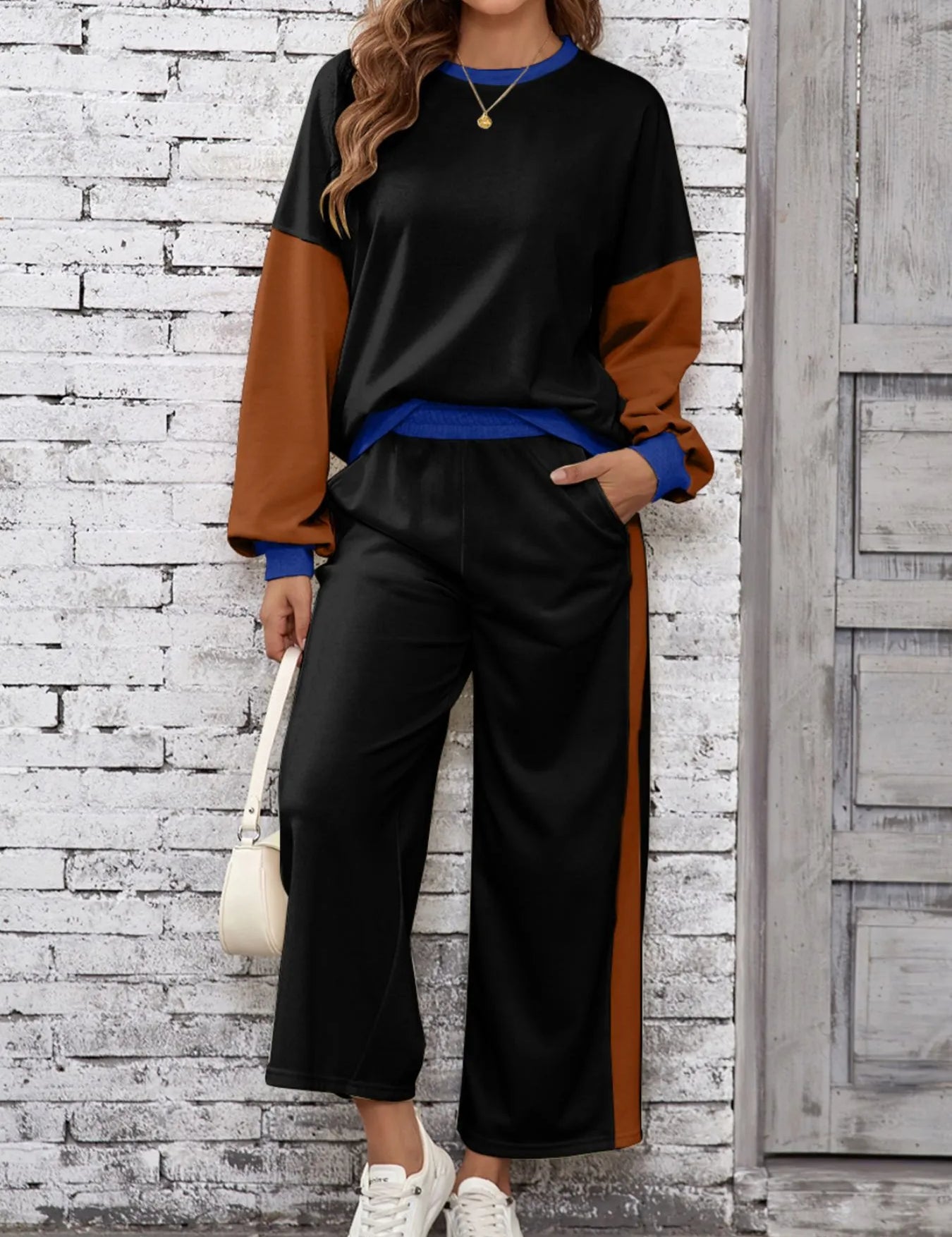 Black Color Block Round Neck Top and Pants Set | Loungewear Sets Daverri Fashions