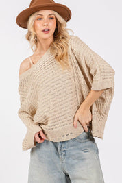 Mushroom SAGE + FIG Distressed Asymmetrical Open Stitch Sweater | Sweaters Daverri Fashions