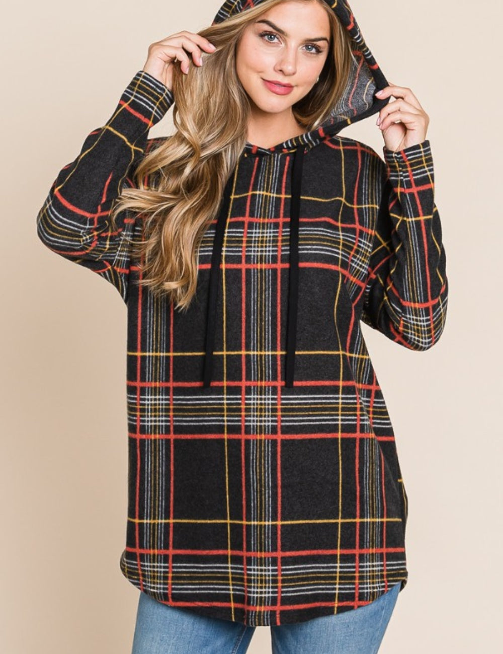 Black BOMBOM Drawstring Plaid Long Sleeve Hoodie | Daverri Fashions