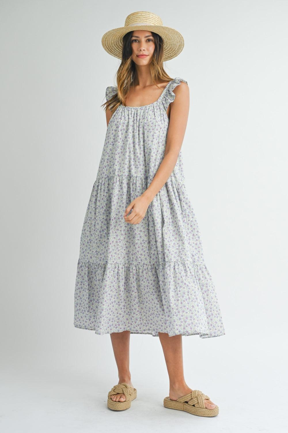 Blue MABLE Floral Ruffle Shoulder Tiered Midi Dress | Daverri Fashions