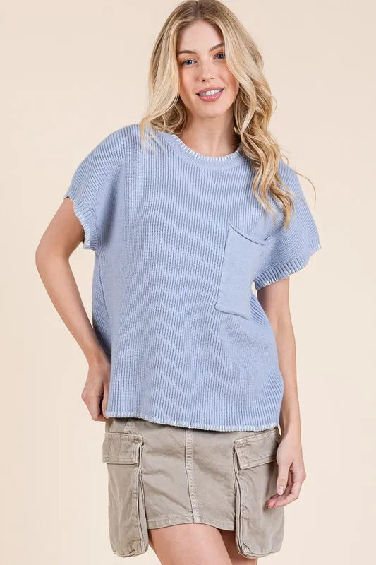 Lime 'N' Chili Solid Cap Sleeve Stitch Edge Knit Sweater | Sweaters Daverri Fashions