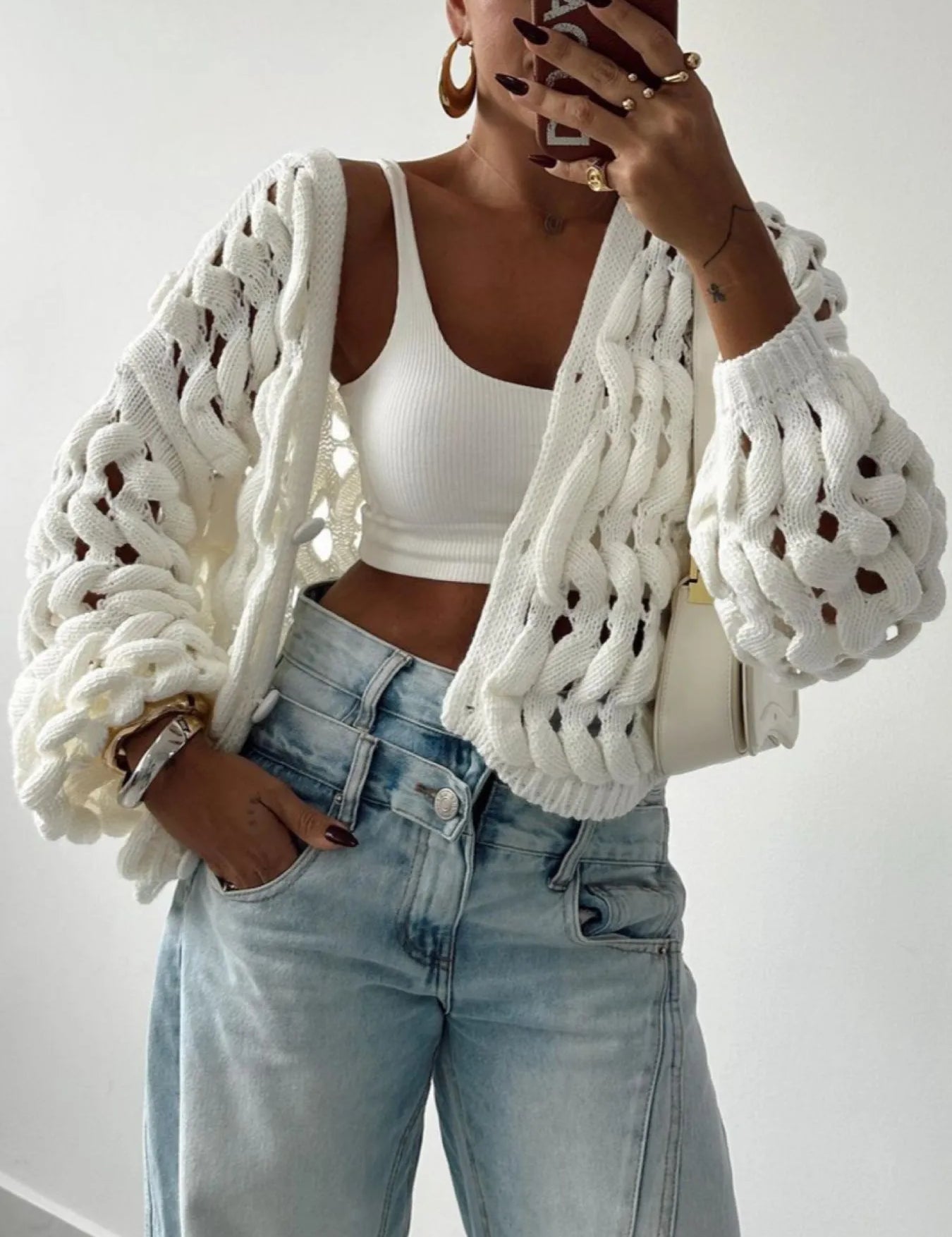 Off White Crochet Button Up Cardigan | Cardigans Daverri Fashions