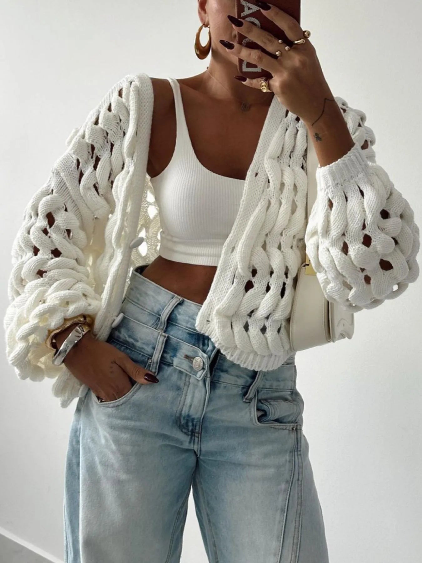 Off White Crochet Button Up Cardigan | Cardigans Daverri Fashions