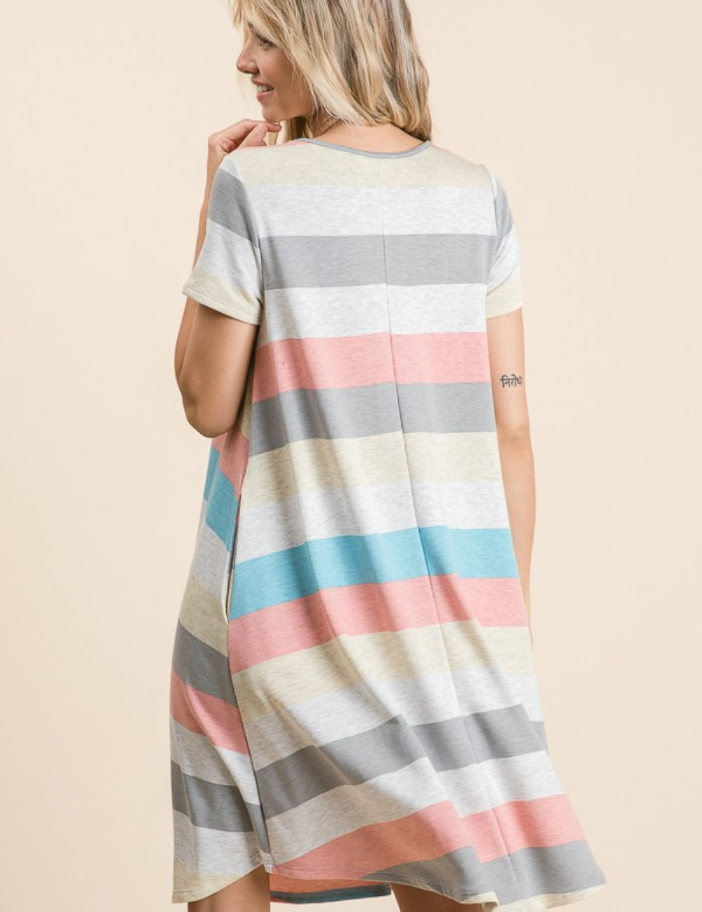 BOMBOM Striped Short Sleeve Dress with Pockets | Daverri Fashions